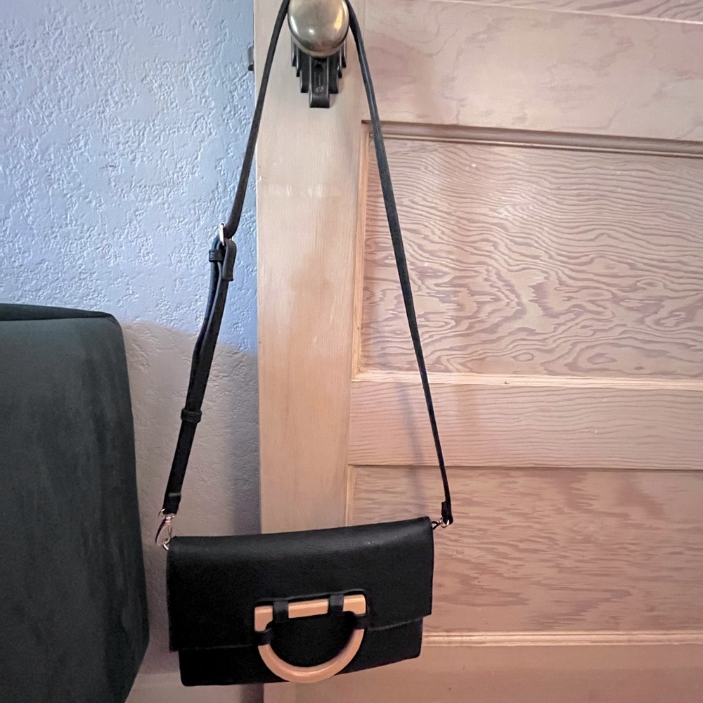 Black Vegan Leather Crossbody / Clutch with Wood Details by Sole Society